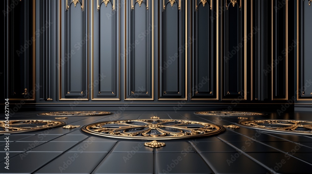 Aufkleber a black room with gold trim and a large circular design on the floor. the room is empty and has a ve