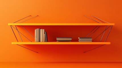 Orange floating shelves with books against an orange wall.