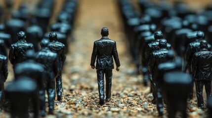 Lone Figure Walking Towards a Crowd of Business People