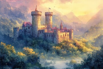 Watercolor Castle Towers and Bridges Fantasy Illustration with Trees and Plants