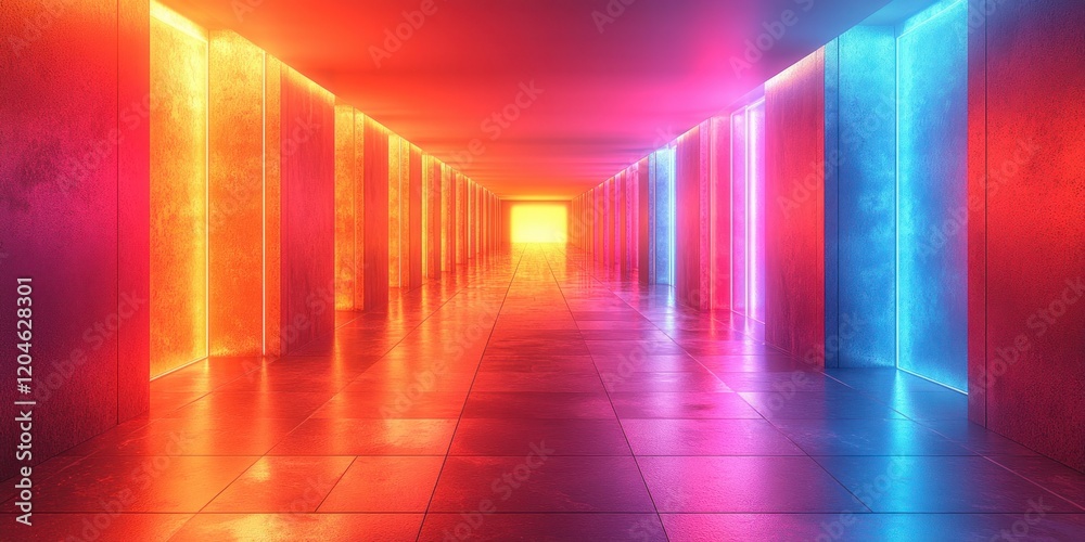Poster futuristic neon hallway with reflective floor in cyberpunk style 3d render
