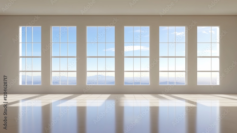 Poster a large room with a view of the mountains. the windows are large and clear, letting in plenty of nat