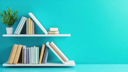 White shelves with books and plant against a teal wall.