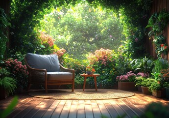 Obraz premium Serene tropical garden with wooden terrace and cozy chair in sunlight