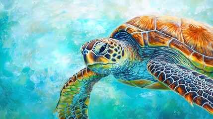 Obraz premium Vibrant painting of a sea turtle swimming in turquoise water.