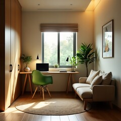 Fototapeta premium Cozy modern workspace with natural elements. Narrow room features beige walls wooden floor, Indian carpet. Small window lets in natural light. Wooden desk with laptop sits next to comfortable beige