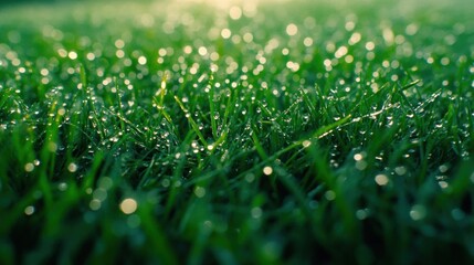 Close-up of dewy green grass in sunlight.