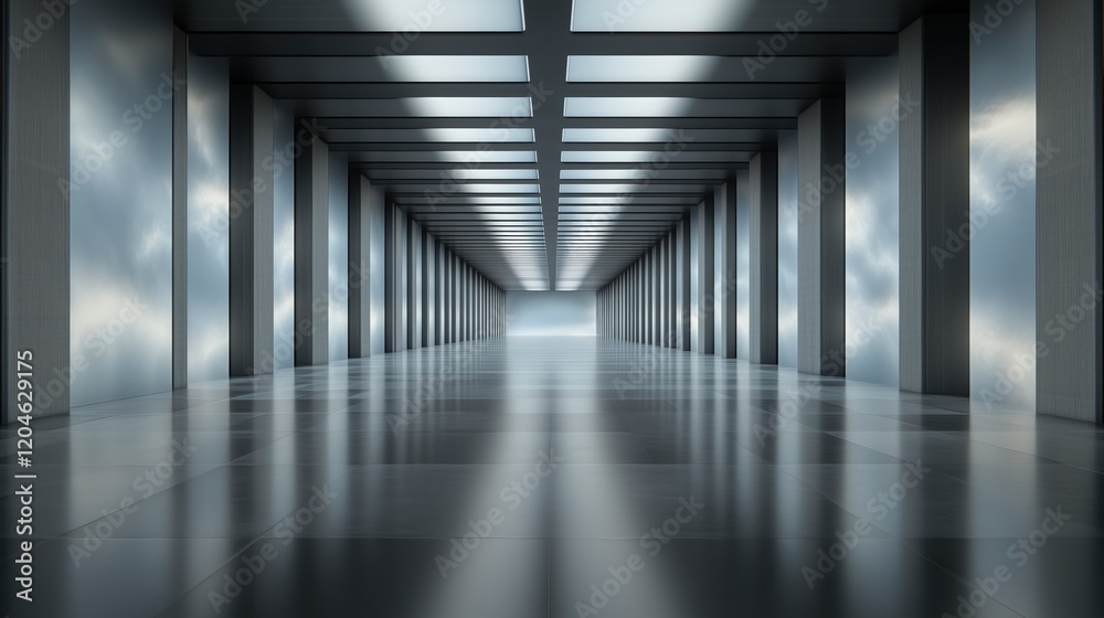 Poster a long, empty hallway with a few pillars. the walls are white and the floor is tiled. ai generated.