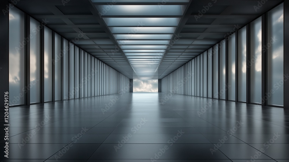 Poster a large, empty room with a cloudy sky visible through the windows. the room is mostly empty, with on