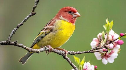 Vibrant red and yellow bird perched on a blossoming branch.