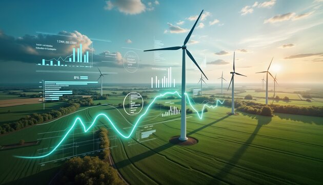 Aerial view of wind turbines in green fields. Data graphics overlaid show eco growth, electricity prices. Analysis of energy resources for sustainability. Trendy renewable tech, eco-friendly