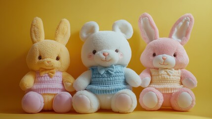 Three adorable plush toys; yellow bunny, white bear, pink bunny, wearing pastel knitted vests, sitting together on yellow background.