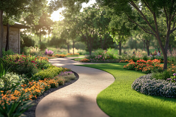 Obraz premium Serene Jogging Path Through Beautifully Landscaped Nature for Morning Exercise