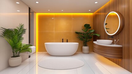 Fototapeta premium Modern Bathroom Design with Stylish Bathtub and Wall Plants