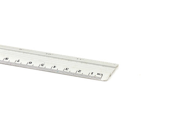 Stainless metal rulers on white background.