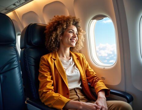 Happy woman sits in airplane seat looking out window. Enjoys journey, vacation. Photo shows smiling person relaxing on air trip. Young female traveler looking out of plane window. Wearing yellow
