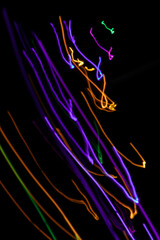 Light painting. Neon glow. Symmetry and reflection. Festive decoration. Abstract blurred background. Shining pattern.