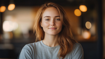 Obraz premium Confident female small business owner smiling in cozy cafe setting, showcasing her entrepreneurial spirit and warmth.