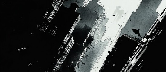 Monochrome city alleyway, bird in flight, abstract perspective.