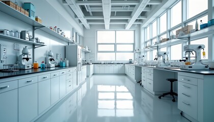 Modern bright lab interior shows equipment, desks. Lab spacious, organized. Plenty of light, windows. Workstations equipment for scientific research lab tests. Clean, modern tech lab looks ready for
