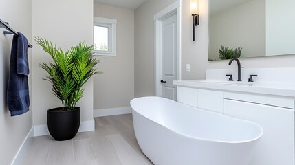 Modern Minimalist Bathroom with Freestanding Tub and Green Plant