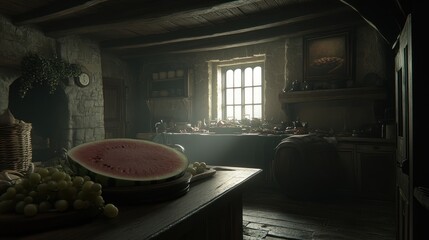 Sunlit medieval kitchen interior with watermelon, grapes, and rustic furniture.