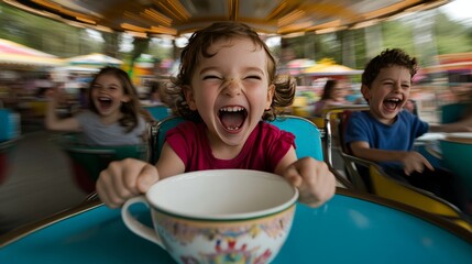 Obraz premium Children laugh joyously on a spinning teacup ride, capturing pure delight and the carefree spirit of a vibrant amusement park.
