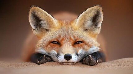 Obraz premium Red fox resting on sand dune, desert sunset background, wildlife photography, nature poster