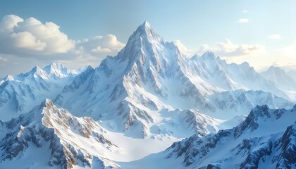 Fototapeta premium Majestic snow-capped mountains dominate serene winter landscape. Clouds drift across clear sky, casting soft light on alpine peaks. Breathtaking view of frosty mountain range unfolds. Scene evokes