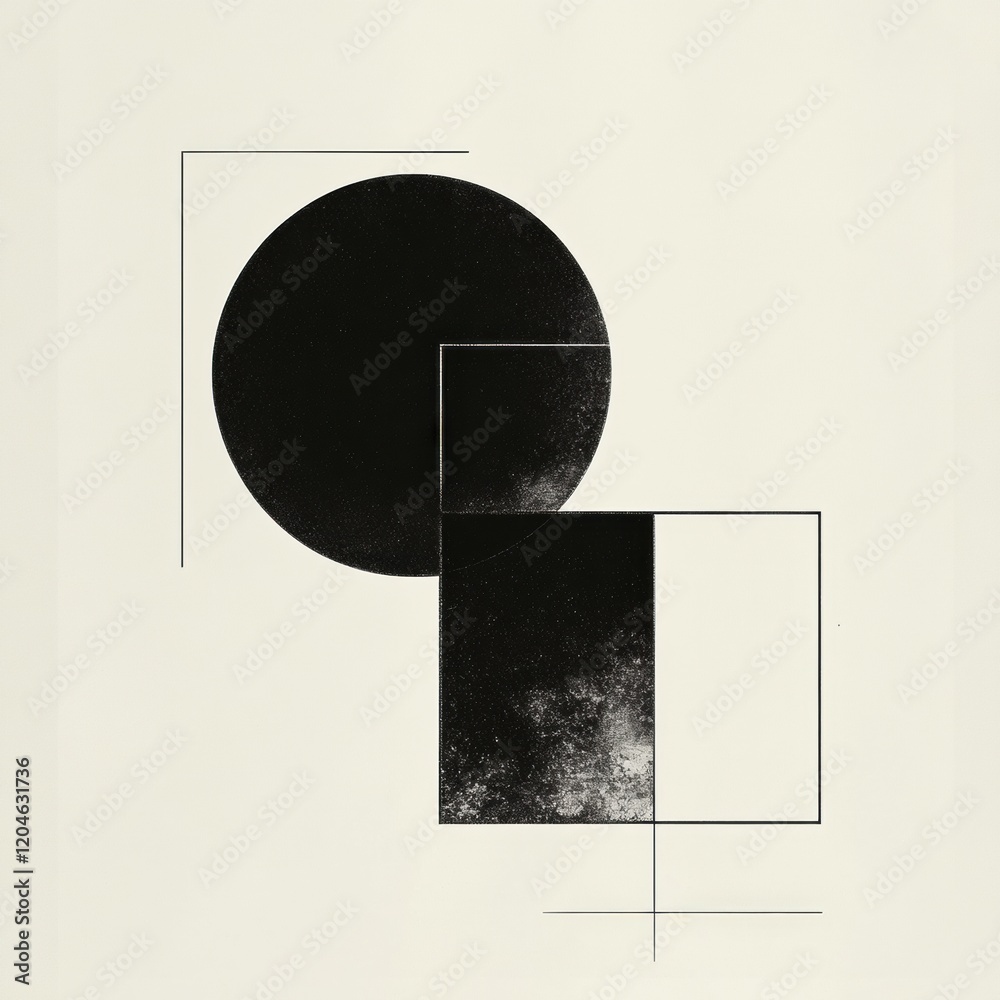 Poster modern abstract design features geometric shapes with black circle and rectangular forms against a l
