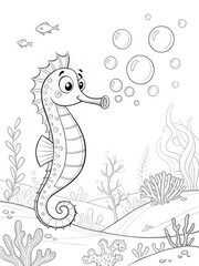 Fototapeta premium A playful seahorse surrounded by bubbles in an underwater scene. outline for coloring.
