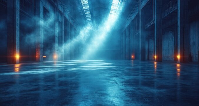 Industrial Warehouse Dimly Lit Cool Blue Light Glossy Concrete Floor Dramatic Shadows Minimalist High Contrast