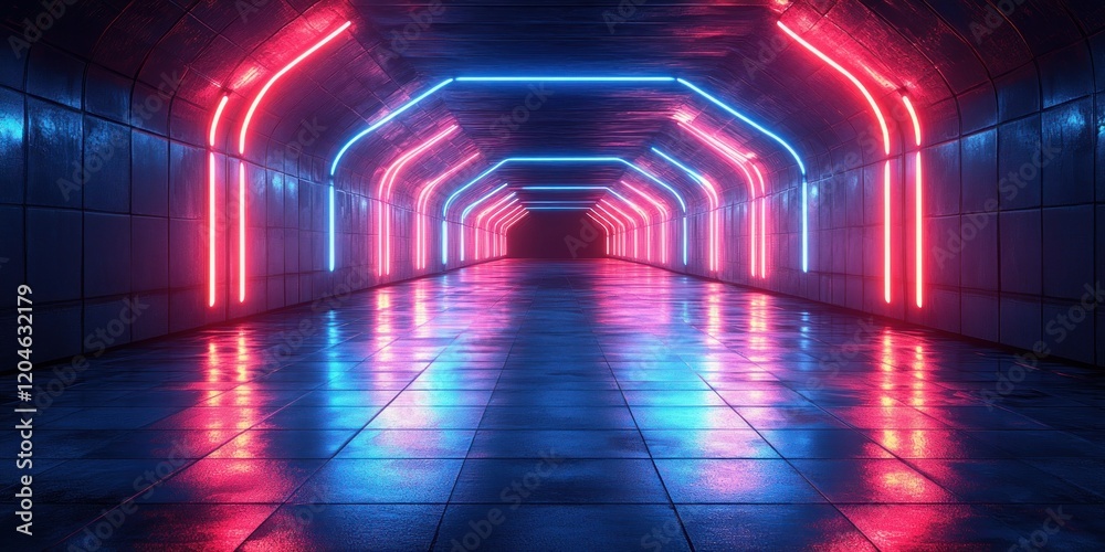 Poster futuristic neon tunnel with glowing blue zigzag lines and wet floor reflections in cyberpunk style