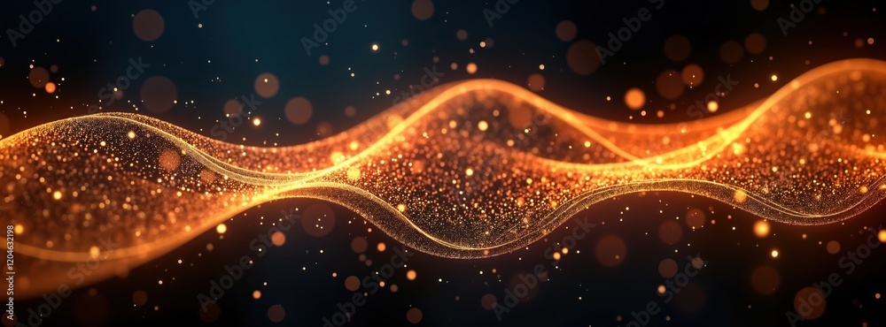 Aufkleber Abstract digital wave pattern with glowing gold particles. Dynamic graphic design. Bokeh effect adds depth to abstract art piece. Suitable for tech backgrounds. Modern artistic design for creative