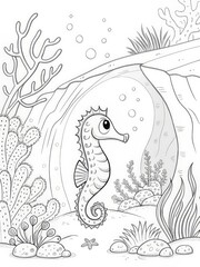 Seahorse in underwater scene with bubbles and corals, line art style. outline for coloring.