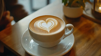 A coffee cup with latte art in heart shape on a wooden table