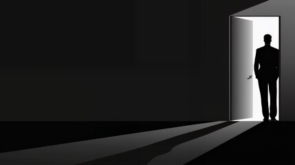 Man Silhouette at Threshold of Light and Shadow: A Journey into the Unknown