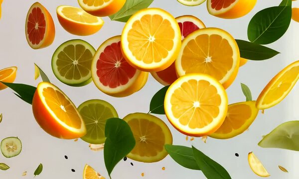 A vibrant arrangement of falling fruits, seeds, and leaves against a light background.