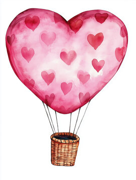 Hand-Drawn Watercolor Heart-Shaped Hot-Air Balloon for Valentine&rsquo;s Day on White Background