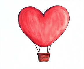 Hand-Drawn Watercolor Heart-Shaped Hot-Air Balloon for Valentine’s Day on White Background