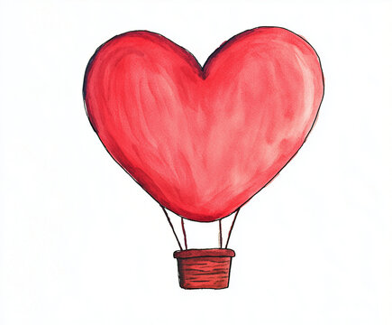 Hand-Drawn Watercolor Heart-Shaped Hot-Air Balloon for Valentine&rsquo;s Day on White Background