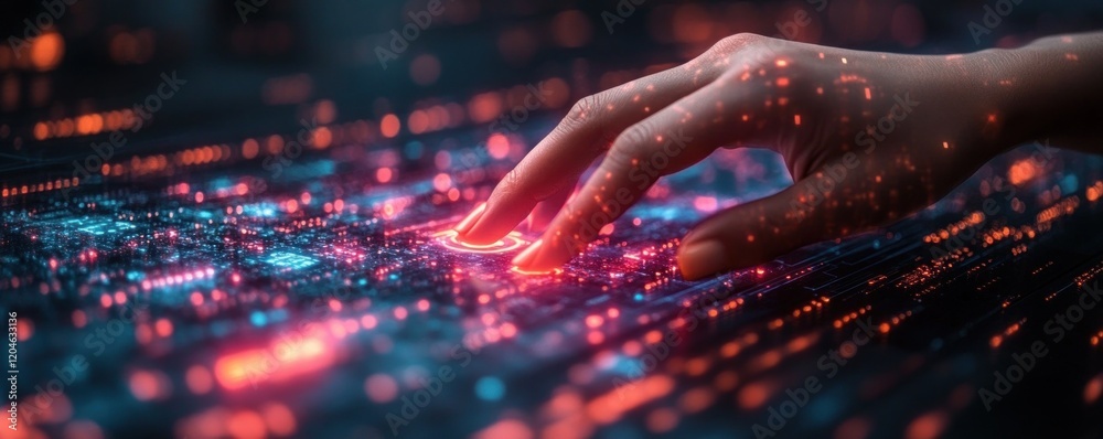 Poster Futuristic Technology Interaction Cyberpunk Digital Landscape with Holographic Data and AI Big Data Analytics