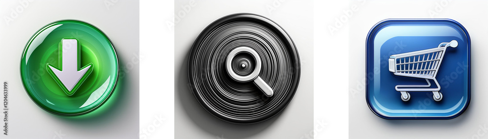 Poster three glossy buttons depict download, search, and online shopping. each button features a distinct i