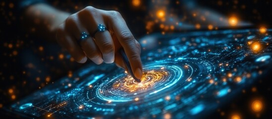 Digital Artwork of Hand Using Stylus on Tablet with Holographic Globe and Network Symbols in Futuristic Technology Scene