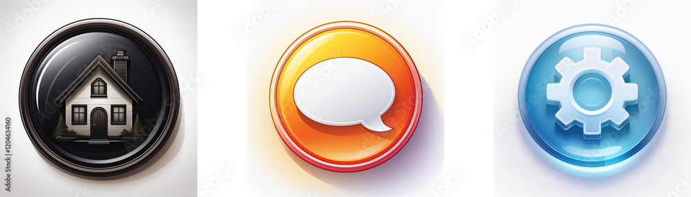 Leinwandbilder three glossy circular icons: home, speech bubble, gear. representing key app functions.