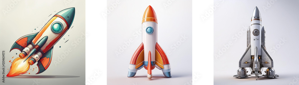 Poster three stylized rockets, each with unique design and color scheme, ready for launch into space.