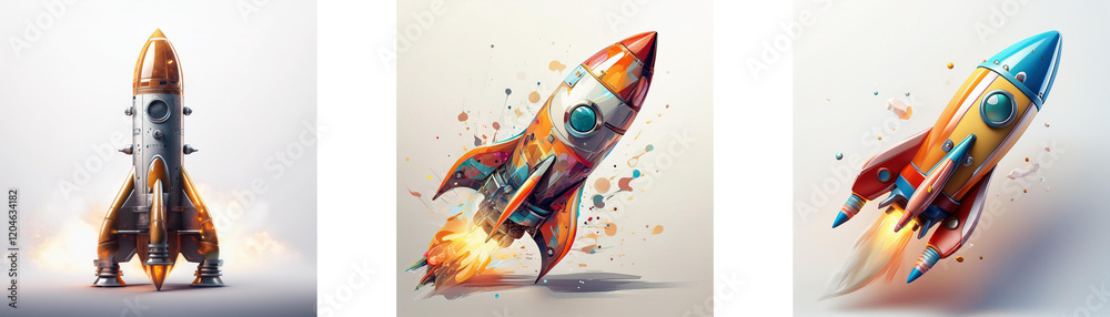 Poster three vibrant rockets, each uniquely designed, soar against a light background, showcasing dynamic m