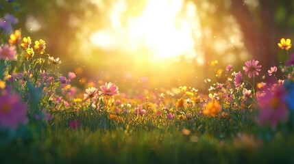 Obraz premium Colorful wildflowers bloom in a lush green meadow under the warm glow of a golden sunset.
