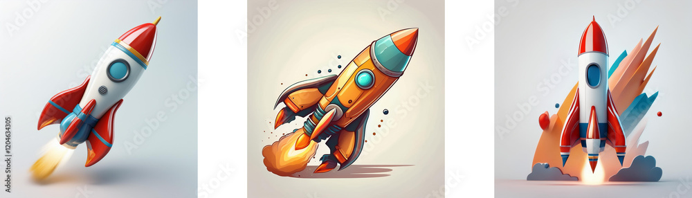 Poster three stylized rockets, each with unique color schemes and designs, depict a sense of movement and l