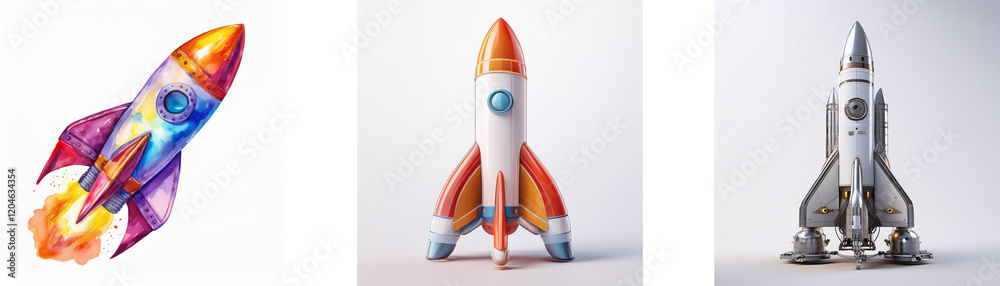 Poster three rockets, varying in style and color, represent different design approaches to space travel. on